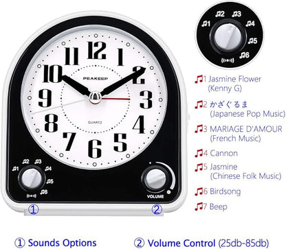 Peakeep Analog Alarm Clock Non-Ticking Silent, Optional 7 Wake-up Sounds with Volume Control, Nightlight and Snooze, AA Battery Operated (Black)