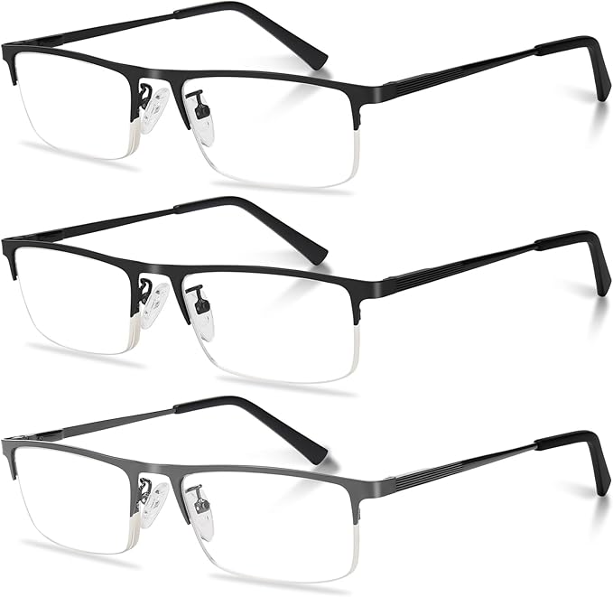 3-Pack Reading Glasses for Men, Lightweight Metal Half Frame Blue Light Blocking Computer Readers