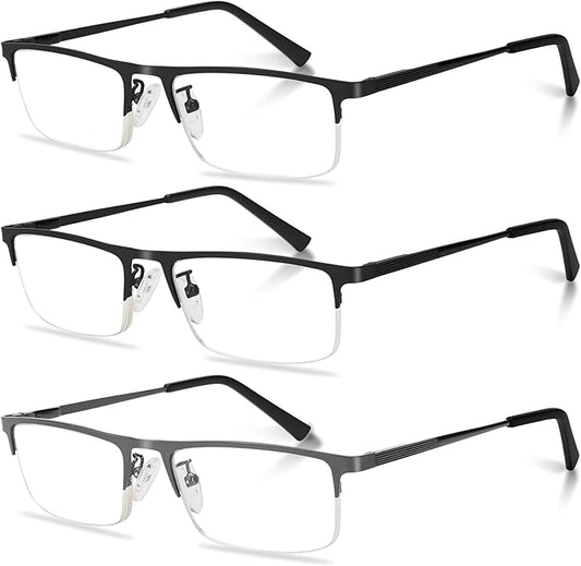 3-Pack Reading Glasses for Men, Lightweight Metal Half Frame Blue Light Blocking Computer Readers