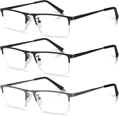 3-Pack Reading Glasses for Men, Lightweight Metal Half Frame Blue Light Blocking Computer Readers