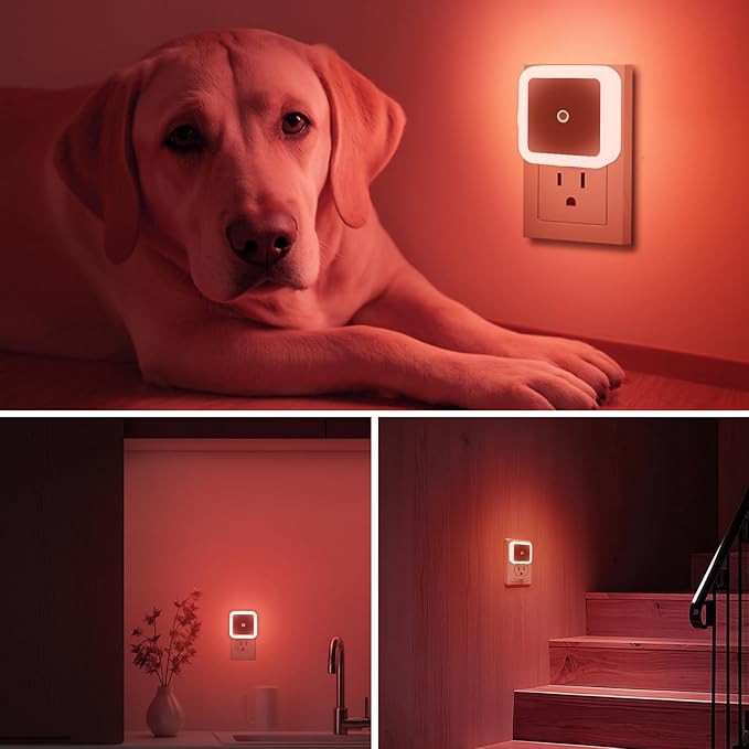 KINUR 6 Pack Red Night Light, LED Night Lights Plug into Wall with Dusk to Dawn sensors, Plug in Night Lights for Kids Room, Bedroom, Bathroom, Baby Nursery,Stair Lights, Hallway Light, Daylight