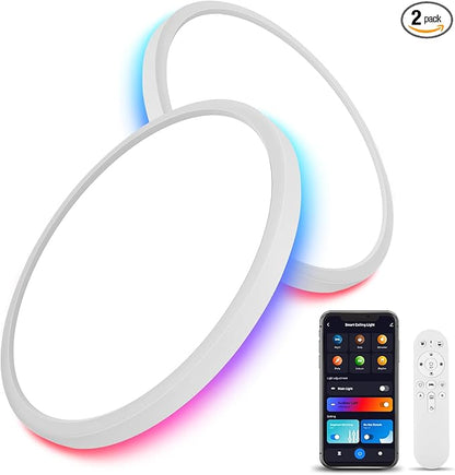 2 Pack 16 Inch Smart RGB LED Ceiling Light with Remote, WiFi Flush Mount Ceiling Light Compatible with Alexa & Google Home, 32W=3200LM Dimmable, DIY Colors, for Bedroom Living Room