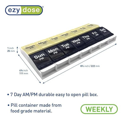 EZY DOSE Push Button (7-Day) Pill Case, Medicine Planner, Vitamin Organizer, 2 Times a Day, AM/PM Container, X-Large Compartments, Arthritis Friendly, Easy to Use, Clear Lids, Blue/Yellow, BPA Free