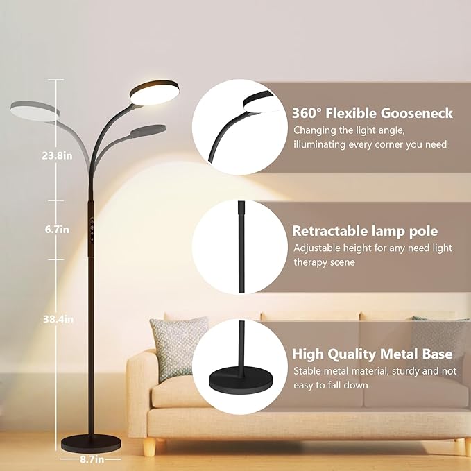 Daylight Floor & Desk Lamp – 11,000 Lux UV-Free Full Spectrum Light, 5 Color Temperatures & 10 Brightness Levels, 360° Gooseneck Lamp for Home Office, Bedroom & Reading (Black)