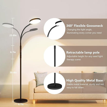 Daylight Floor & Desk Lamp – 11,000 Lux UV-Free Full Spectrum Light, 5 Color Temperatures & 10 Brightness Levels, 360° Gooseneck Lamp for Home Office, Bedroom & Reading (Black)