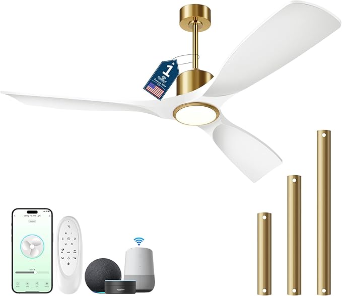 Ceiling Fans with Lights, Ceiling Fans with Lights and Remote Control, 52 inch Modern Smart White and Gold Ceiling Fan, Outdoor Ceiling Fans for Patios 3 Blade Bedroom Farmhouse（White）