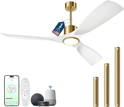 Ceiling Fans with Lights, Ceiling Fans with Lights and Remote Control, 52 inch Modern Smart White and Gold Ceiling Fan, Outdoor Ceiling Fans for Patios 3 Blade Bedroom Farmhouse（White）