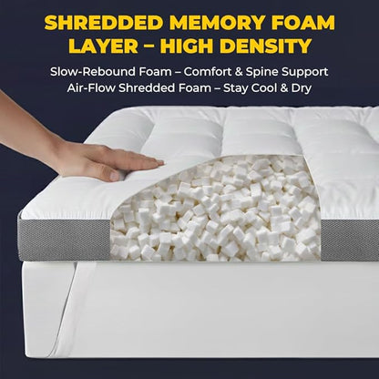 HYPREST 4 Inch Memory Foam Mattress Topper King，Thick Cooling Cotton Pillow Top Mattress Topper with 2000 GSM Shredded Memory Foam - Soft & Supportive for Back Pain Relief,Non-Slip Bottom