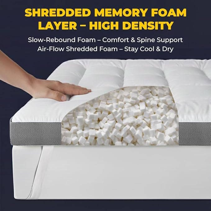 HYPREST 4 Inch Mattress Topper Queen, Thick Cooling Cotton Pillow Top with 2000 GSM Shredded Memory Foam - Soft & Supportive for Back Pain Relief，Non-Slip Bottom