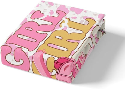 Cowgirl Boots Fitted Sheet Western Ethnic Tribal Cowgirl Hat Bed Sheet Set for Kids Children Teens Rustic Pink Cowhide Retro Cow Fur Print Bed Cover Toddler Bedroom Decor,Twin Size