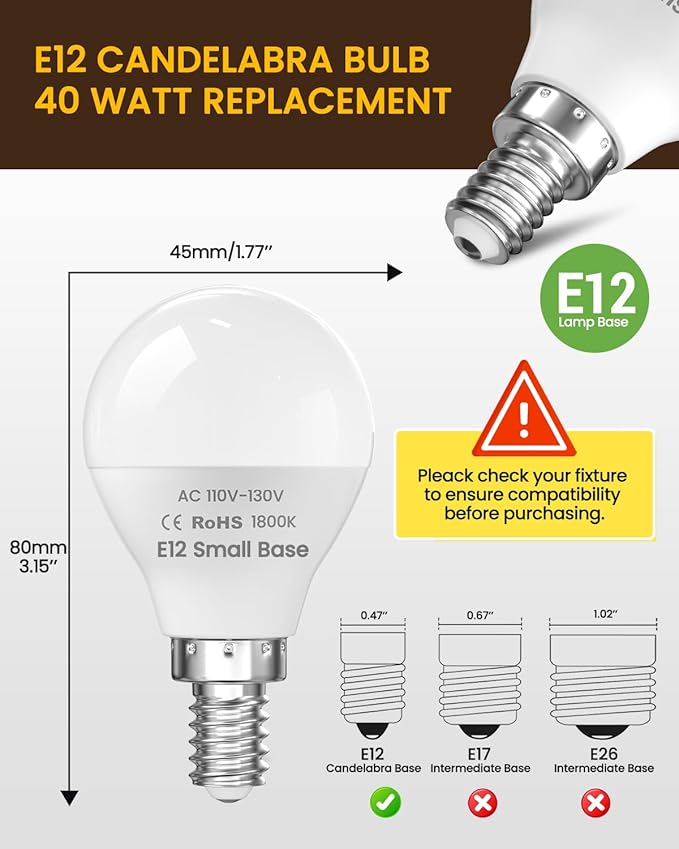 E12 Small Candelabra Base Amber Sleep Light Bulbs, 3W 1800K Soft Light Bulbs Warm Light for Bedroom,G45 300LM Dim Orange Bulbs,Blue Light Blocking,30-40W Equivalent,Non-Dimmable,4 Pack