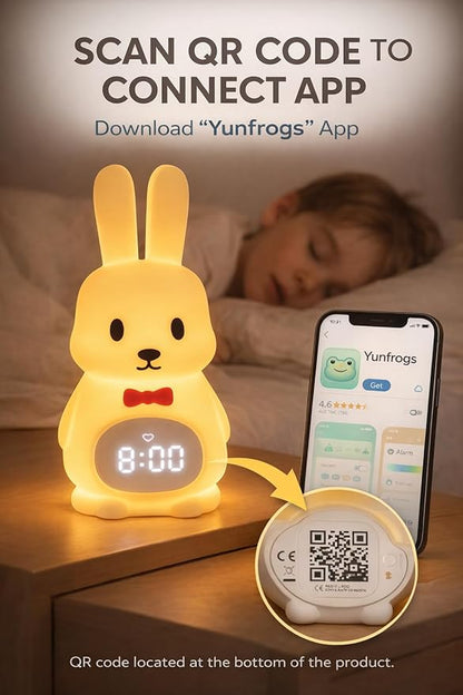 Sleep Trainer Clock for Toddlers with Color Light Cues, Bunny Alarm Clock with Night Light & Sunrise Wake Up, 12 Sounds, App Control, Rechargeable Silicone Nursery Lamp