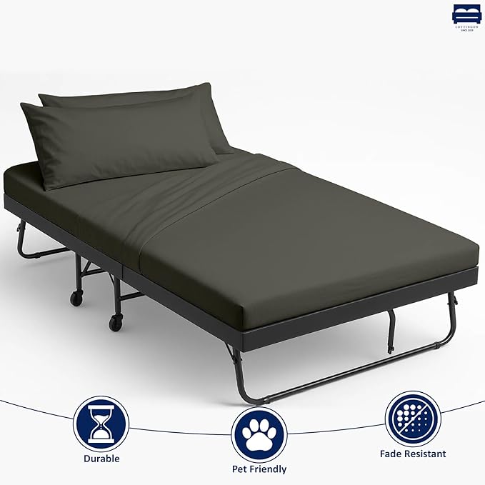 Cottingon 33"x75" Cot Sheet and Pillow Case 4 Piece Set, 100% Egyptain Cotton Soft Bedding Perfect for Rollaway, Folding, Guest Bed Frame, Fits Upto 7" Deep Mattress, Dark Grey Solid
