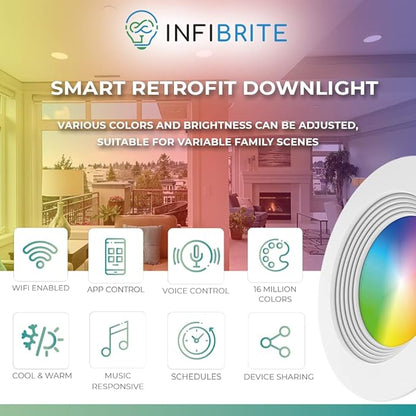 INFIBRITE 4 Inch Smart Recessed Light, Color Changing and Tunable White, WiFi Retrofit LED Downlight E26 Base, No Hub, Works with Alexa and Google, Dimmable, 810LM, CRI90, RGBCW, Wet Rated (6 Pack)