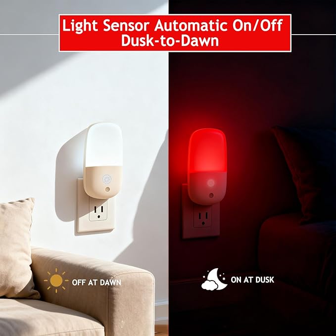 670nm Red Night Light for Sleep Therapy, Auto On/Off Dimmable Night Lights with Dusk to Dawn Sensor, LED Night Light Plug into Wall Promotes Melatonin Natural Sleep for Baby Nursery Kids Adult Bedroom