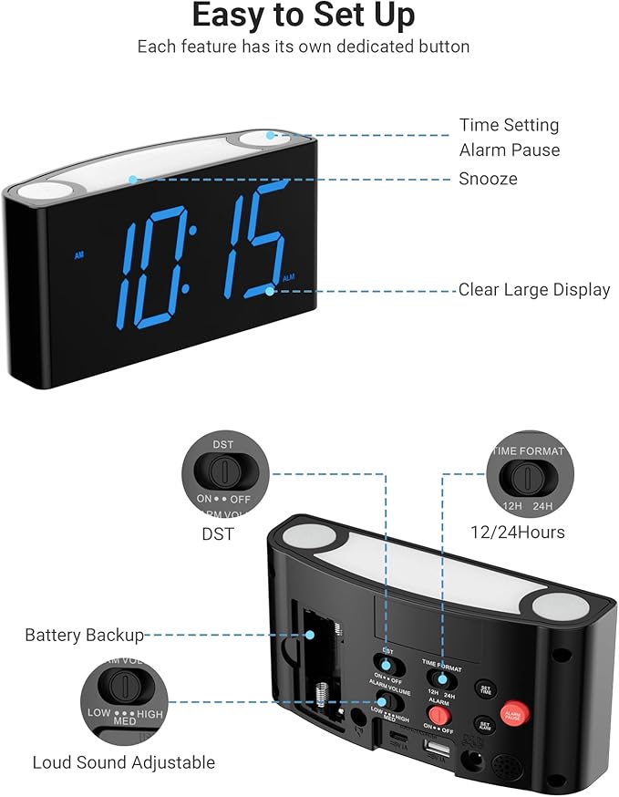 Rocam Digital Alarm Clock for Bedrooms - Large 7.5'' LED Display with Dimmer, Snooze, 7 Color Night Light, Easy to Set, USB Chargers, Battery Backup, 12/24 Hour for Kids,Heavy Sleepers(Blue)