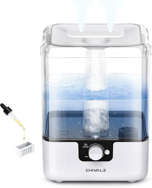 CHIVALZ Humidifiers for Bedroom Large Room Home, 6L Cool Mist Humidifier for Baby and Plant, Oil Diffuser, Top Fill Humidifier with Night Light, Quiet 23dB, Up to 26H, White 1Pack