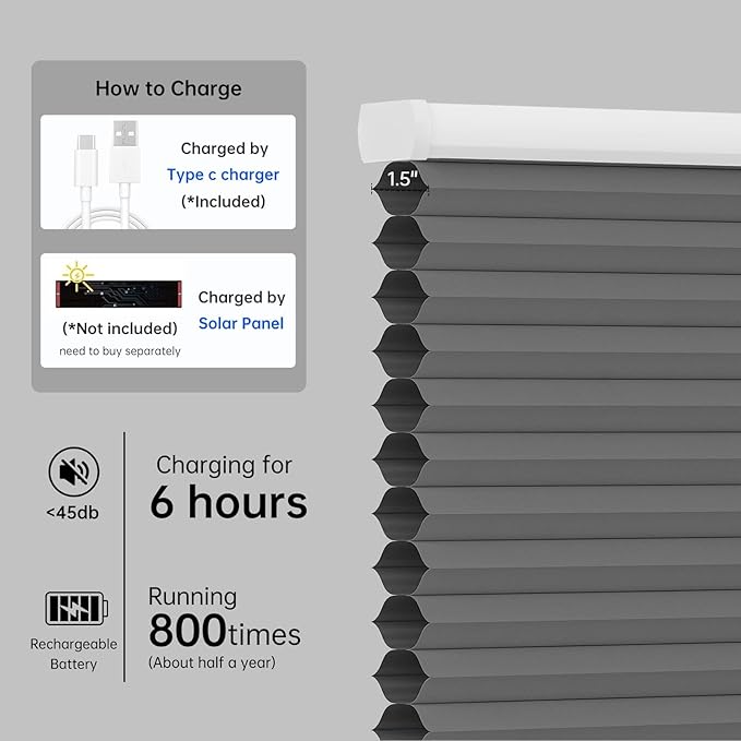 Motorized Cellular Shades with Remote, Blackout Smart Cellular Shades Compatible with Alexa, Cordless Honeycomb Window Blinds for Bedroom Home Office, Custom Size, Blackout Light Grey