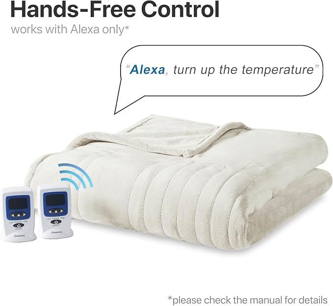 Beautyrest Heated Electric Blanket for Cold Weather, Fast Heating Wi-Fi Heated Blanket, Voice Command Alexa Compatible, Auto Shut Off, Virtually Zero EMF, 20 Heat Setting, UL Certified, King Ivory