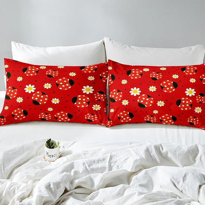 Ladybug Fitted Sheet Twin,Boho Daisy Red Black Polka Dot Bed Sheet 2 Pieces Fits Mattress,Watercolor Flowers Cartoon Decorative Fabric Bedding All-Round Elastic Pocket