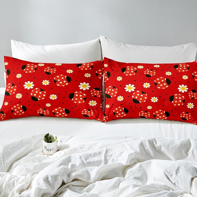 Ladybug Fitted Sheet Full,Boho Daisy Red Black Polka Dot Bed Sheet 3 Pieces Fits Mattress,Watercolor Flowers Cartoon Decorative Fabric Bedding All-Round Elastic Pocket