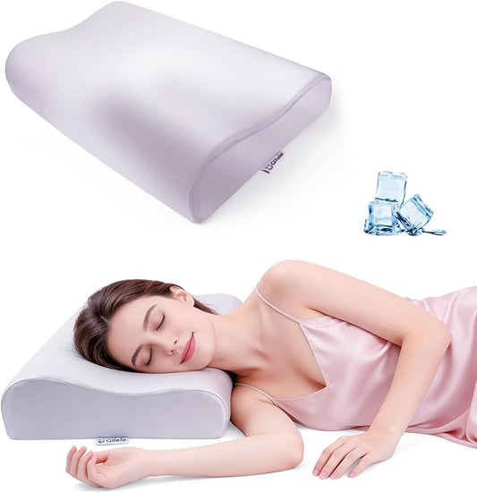 Ergonomic Memory Foam Pillow 2 heights: Mid-Low, Cervical Support Relieve Neck Back Pain, Breathable Cool Ice Silk Anti-Wrinkle Cover, SGS Certificates, for Side Back Stomach Sleeper, Queen Size