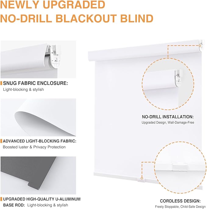 AOSKY No Drill Cordless Blackout Roller Shades with Valance,Customize Blinds for Indoor Windows,Room Darkening Window Shades Pull Down with Free-Stop Spring System, UV Protection for Home White