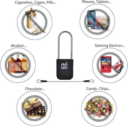 99 Days Timer Padlock,Max Timing Over 3 Month with LCD Display,USB Rechargeable Timed Padlock, Add 10inch Steel Cable (Black)