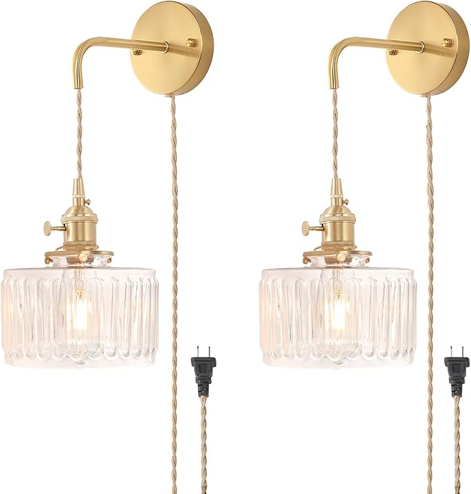 Vintage Wall Sconce with Clear Striped Glass Shade Hanging Wall Sconce with 4.9FT Plug in Cord, Modern Wall Lamp Fixtures Decor for Bedside Bedroom Indoor Doorway, Set of 2