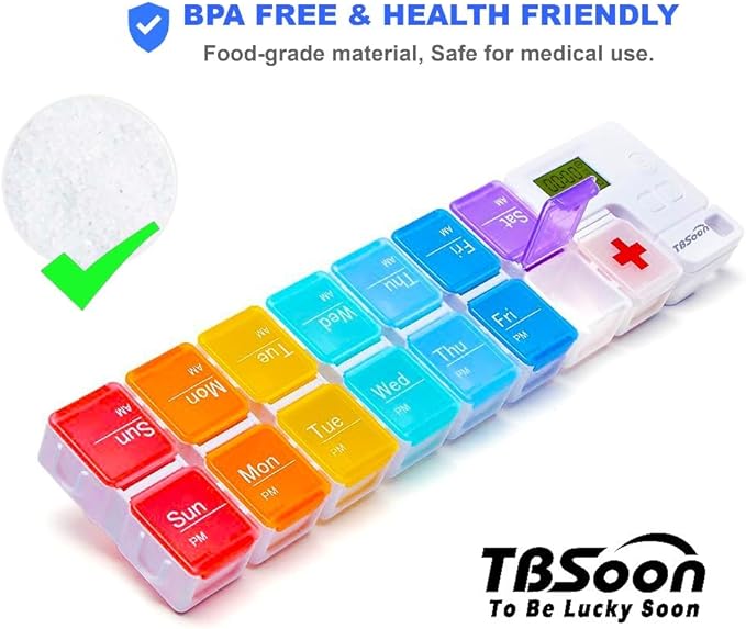 7 Day Medicine Pill Organizer, 4 Reminder Alarms, Loud Sound, 14 Large Compartments, Large Screen, Moisture-Proof, Travel Weekly/Daily Pill Box/Organizer/Case/Container/Dispenser, AM/PM 2 Times a Day