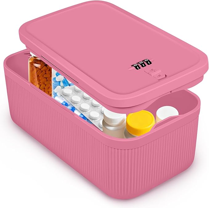 Small Lock Box,Lockable Storage Box with Combination Code for Medication Safe, Medicine Lock Box for Pills/First Aid Kits/Food/Snack Phone Jail,Locked Container for Home/Fridge/Office/School(Pink)