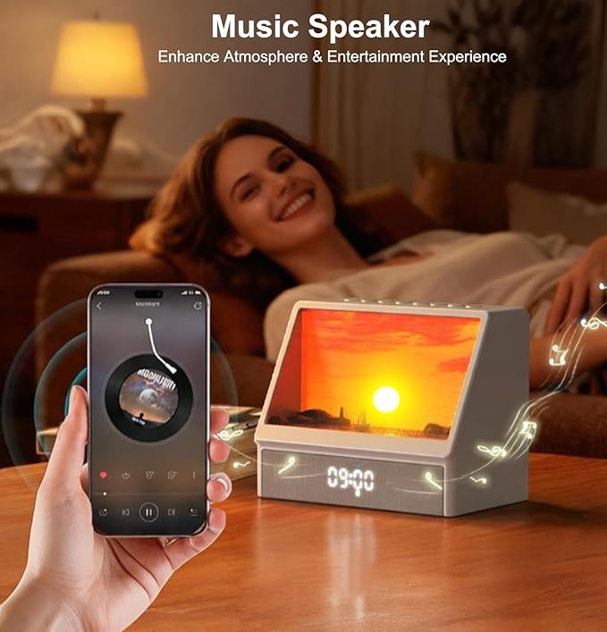 Sunrise Alarm Clock for Bedrooms, White Noise Machine Creative Simulated Sunrise Animation with 7 Modes, 12 Natural Sounds, Music Speaker & Remote, Wake Up Light Sunset Lamp Gifts for Heavy Sleepers