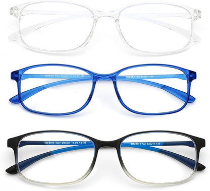 AQWANO 4.0 Reading Glasses Men Women Computer Blue Light Blocking, 3 Pack Lightweight TR90 Flexible Comfort Durable Readers Glasses, No Rubber Frames