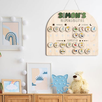 Wooden Chore Chart for Kids Visual Schedule, Routine Chart for Kids, Morning Bedtime Routine Chart for Toddlers Ages 2-4, Daily Kids Schedule Board for Home (09)