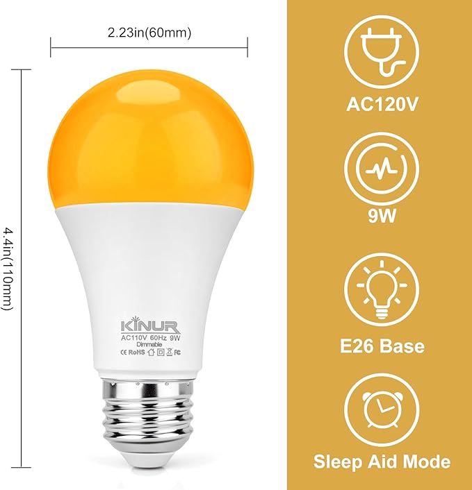 KINUR Amber Sleep Light Bulbs 1800K with Remote Control, Blue Light Blocking A19, 9W for Sleep,Bedroom (2Packs)