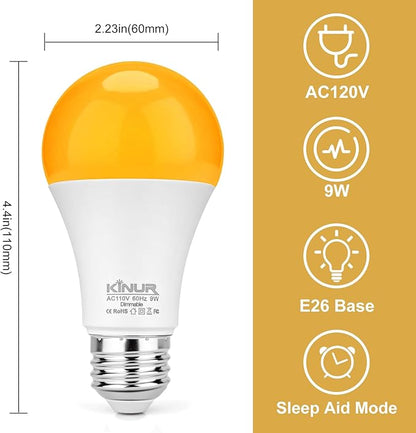 KINUR Amber Sleep Light Bulbs 1800K with Remote Control, Blue Light Blocking A19, 9W for Sleep,Bedroom (2Packs)
