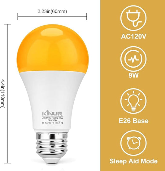 KINUR Amber Sleep Light Bulbs 1800K with Remote Control, Blue Light Blocking A19, 9W for Sleep,Bedroom (2Packs)