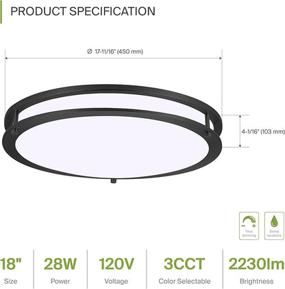 ASD LED 18" Round Flush Mount Lighting, Close to Ceiling Light Fixture | 3CCT, Dimmable, Energy Star, ETL Listed | 28W 2230LM 3000-5000K 120V | Low Profile Double Ring Lamp | Dark Bronze, 2 Pack