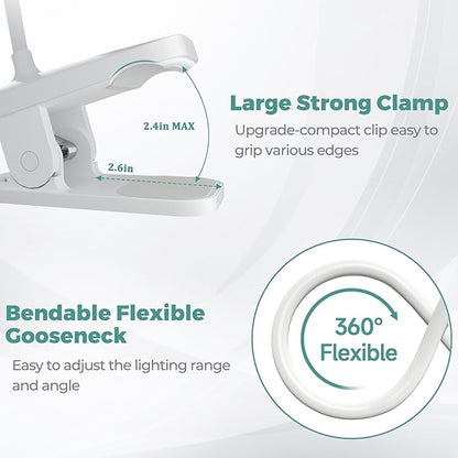 CUHIOY 2Pack Clip on Reading Light, 5 Colors 5 Brightness Bed Light for Headboard, Battery Rechargeable Flexible Arm Table Lamp with Clamp, Eye Protect LED Book Light at Night for Crafting（White）