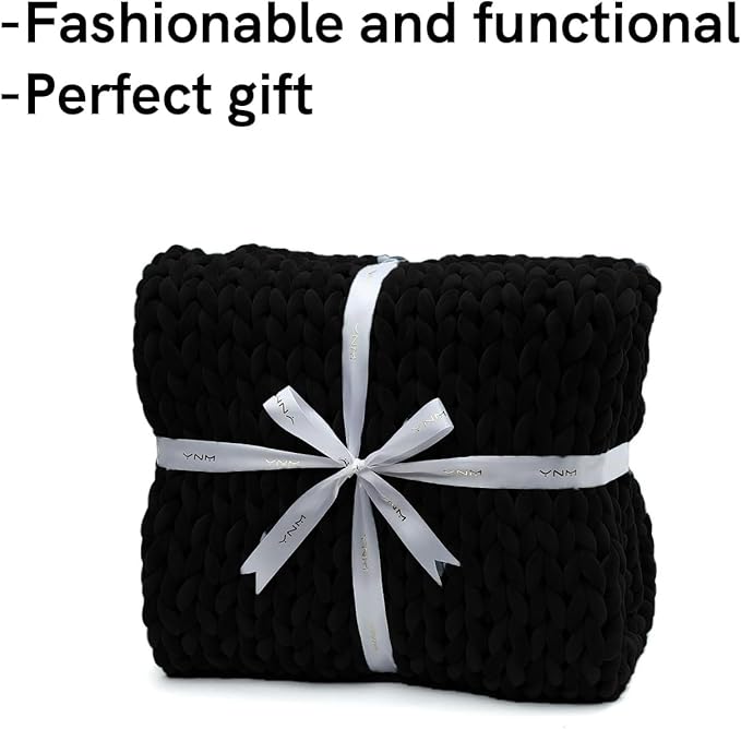 YnM Velvet Weighted Blanket, Handmade Chunky Knitted Design, Soft and Cozy, Temperature Regulating and Breathable, Machine Washable Throw for Sleep or Home Decor (Black, 60x80 Inch, 20lbs)