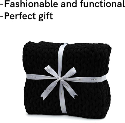 YnM Velvet Weighted Blanket, Handmade Chunky Knitted Design, Soft and Cozy, Temperature Regulating and Breathable, Machine Washable Throw for Sleep or Home Decor (Black, 50x60 Inch, 10lbs)