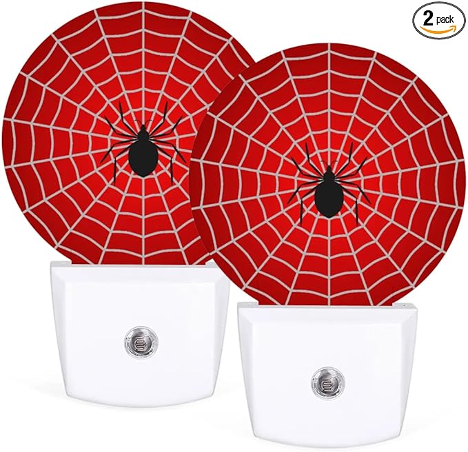 Plug-in Led Night Light with Auto Dusk to Dawn Sensor for Boys Girls Room Decor, Red Spider Web Wall Lamp Nightlights for Hallway,Bedroom, Kids Room, Kitchen, Stairway, (0.5W, 2 Pack)