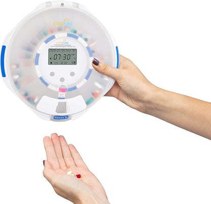 Live Fine Smart WiFi Automatic Pill Dispenser Frosted Lid | 28-Day Medication Organizer Up to 9 Doses Per Day for Care Monitoring with Lock Key, Light/Sound Alarms for Prescriptions & Vitamins
