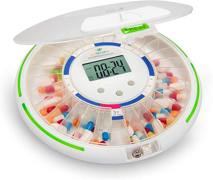 EziMedPil Automatic Pill Dispenser with Alarm, Sound & Light, up to 6 Alarms/Day, 6 Dosage Templates, Easy-Read Display, Frosted Lid & Locked 28-Day Medication Dispenser for Protecting Pills Privacy