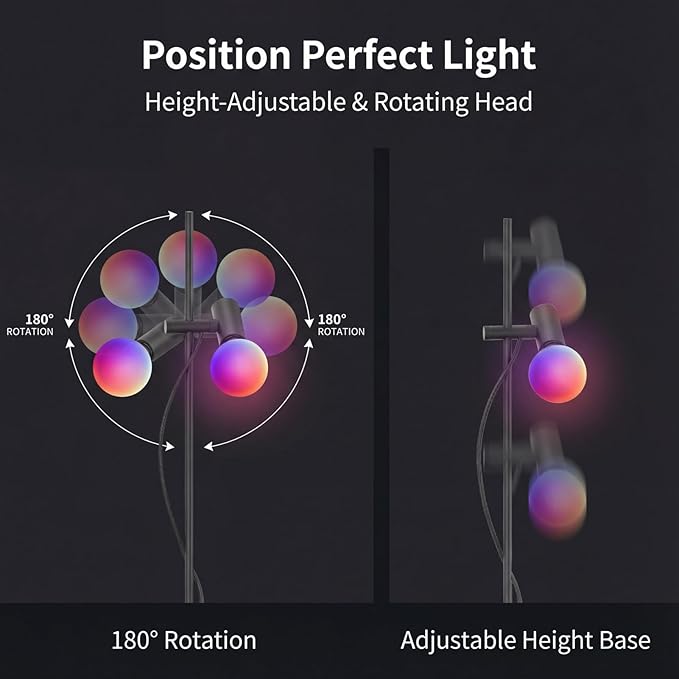 Smart Floor Lamp, LED Bulb Corner Lamp 270° Swivel Head Works with Alexa Google Home, Floor Lamps with Music Sync, 16 Million DIY Colors, Color Changing Standing Lamp for Bedroom Living Room, Black