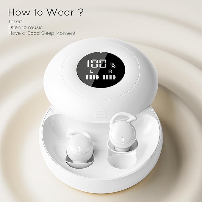 sunvito Sleep Earbuds Bluetooth 5.4, Mini Invisible Silicone Sleep Earbuds for Side Sleepers, Noise Blocking Sleeping Headphones, Hidden Earbuds with LED Display for Small Ears, Sleep & Relax (White)