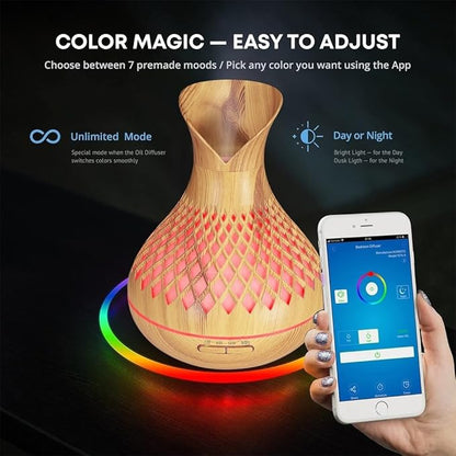 Smart WiFi Essential Oil Diffuser, 500ml Aromatherapy Diffuser Humidifier for Large Room, Works with App & Alexa Google Home Voice Control, 7 LED, Create Schedules and 4 Timer, Auto Off, Light Wood