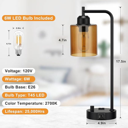 Innqoo Industrial Small Desk Lamp for Nightstand - Amber Clear Glass Shade Table Lamp with USB C Port, Fully Dimmable Black Bedside Lamp with USB Port and Outlet, Bedroom Lamp for Reading Office
