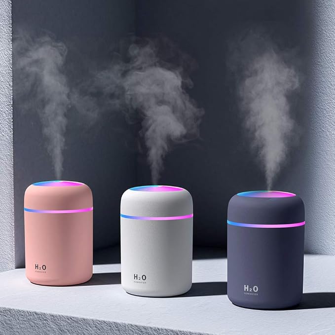 Portable Mini Humidifier, 300ml with Colorful LED Night Light, USB Personal Desktop Humidifier for Car Office Home Travel, Auto Shut-Off, 2 Mist Modes, Super Quiet(grey)