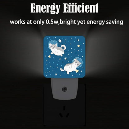 Cute Husky Astronauts on Space Night Light,Plug-in Night Lights with Dusk-to-Dawn Sensor for Stairway,Hallway,Bedroom Sleep Friendly Ideal for Women/Girls/Boys Gift,0.5w